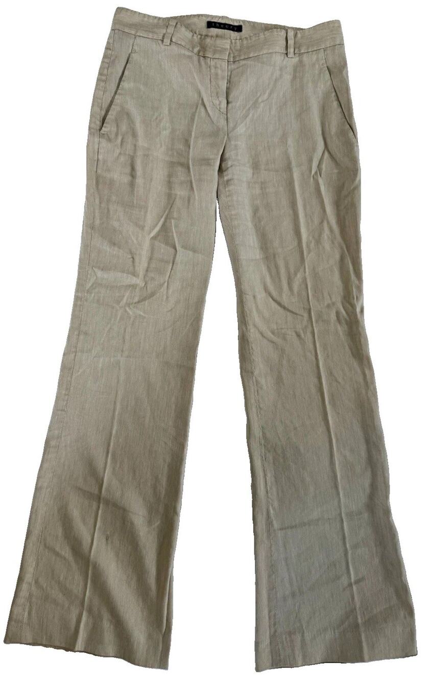 Theory Women's Beige Linen Blend Twill Dress Pants 2 Flat Front Straight 30"